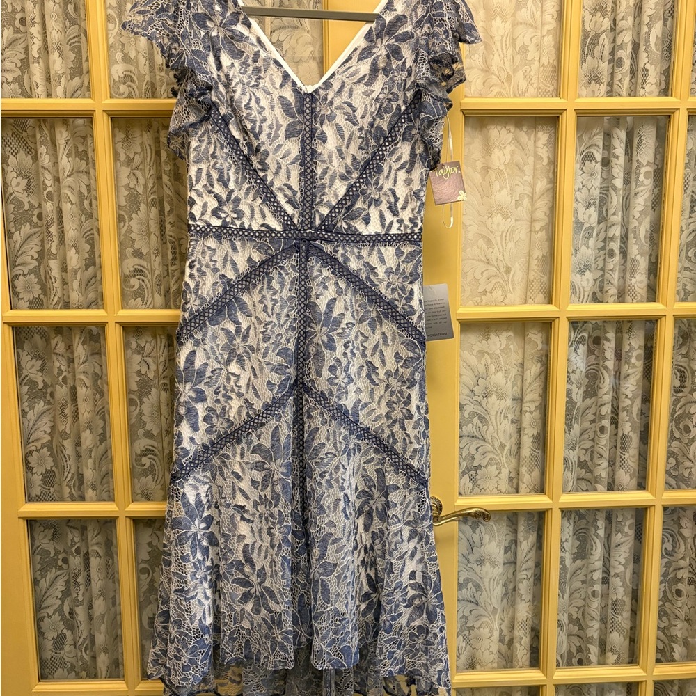 Taylor Blue and White Lace High Low Dress